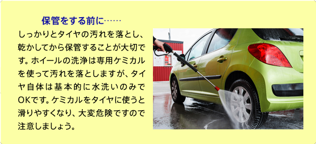 保管をする前に……
しっかりとタイヤの汚れを落とし、乾かしてから保管することが大切です。ホイールの洗浄は専用ケミカルを使って汚れを落としますが、タイヤ自体は基本的に水洗いのみでOKです。ケミカルをタイヤに使うと滑りやすくなり、大変危険ですので注意しましょう。
